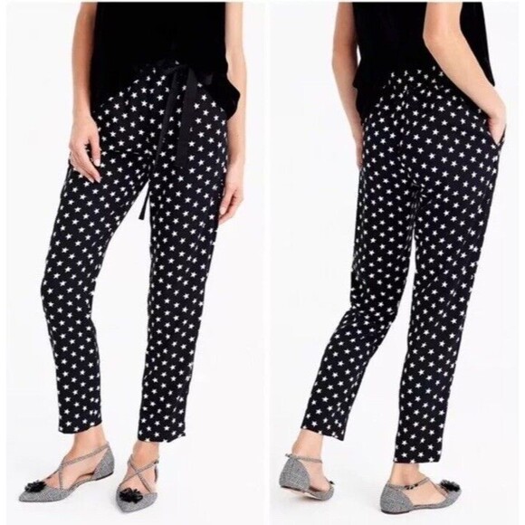 J. Crew Womens Star Print Crepe Pants Tie Waist Tapered Black White Size 6p - Picture 1 of 3